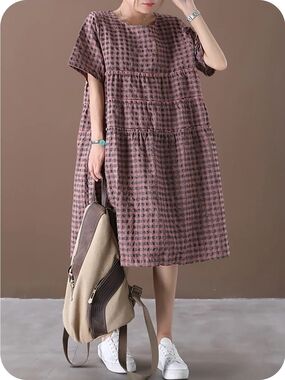 Buykud Plus Size Summer Plaid Round Neck Cotton Linen Midi Dress